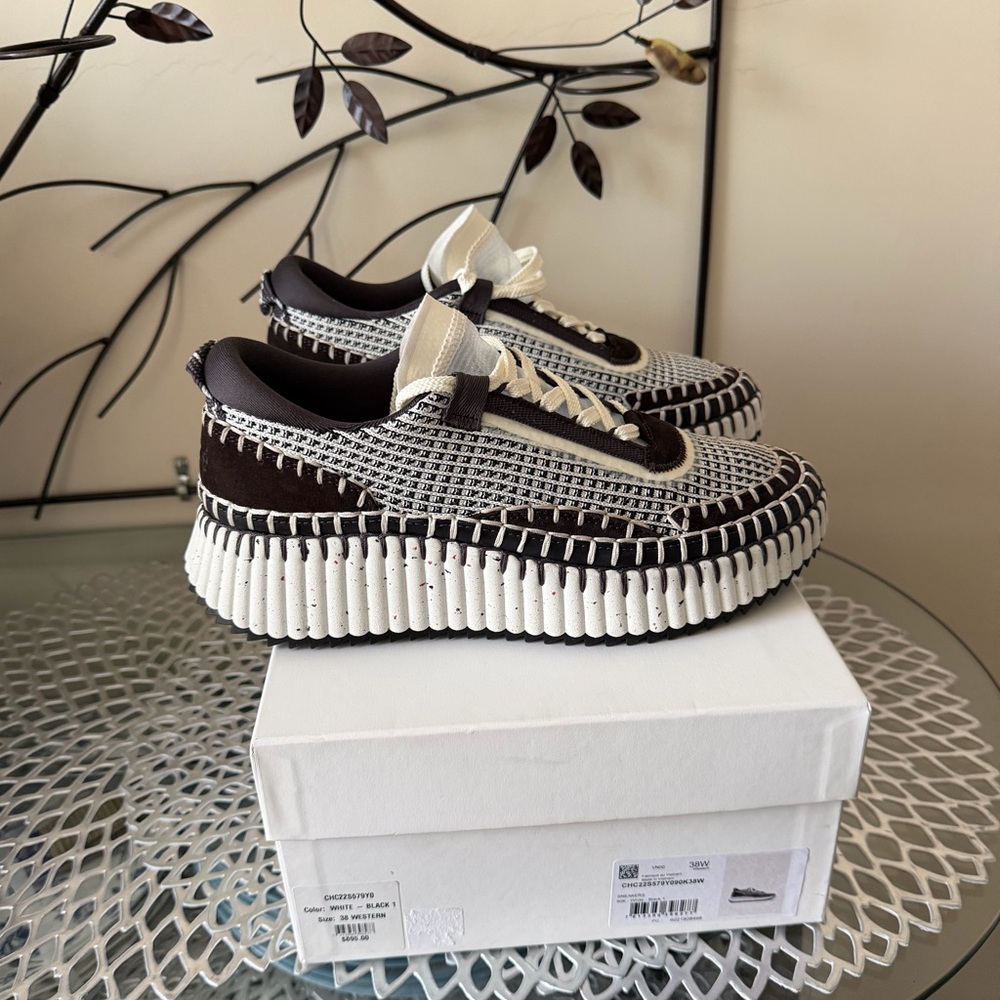 Chloe Nama Woven Stitch-Trim Platform Sneaker Size 38 White Black & Brown NIB - Picture 10 of 17